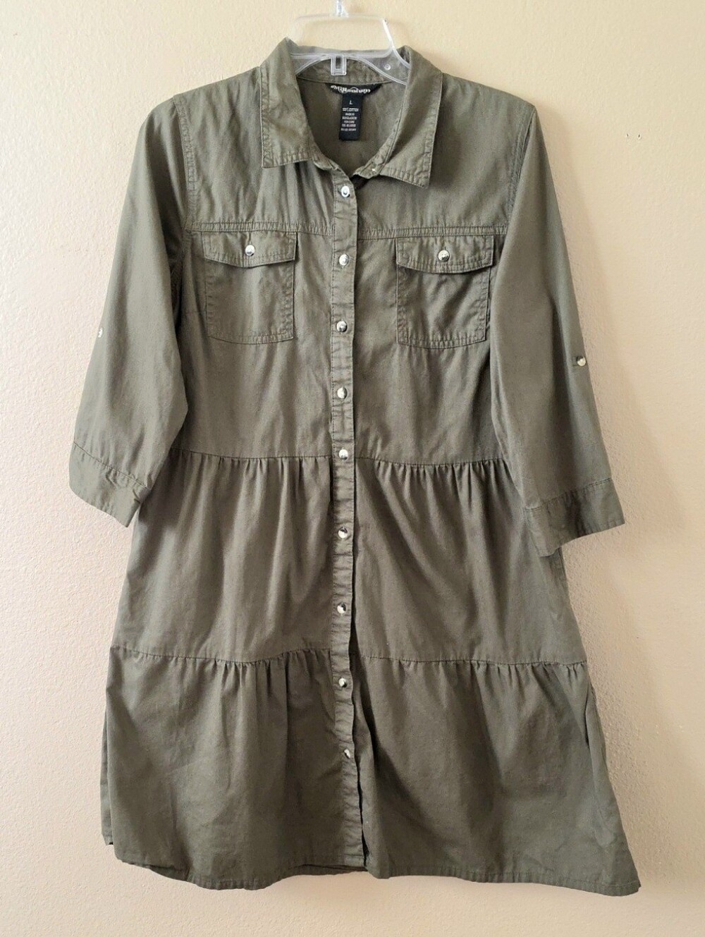 Millenium Womens Green Utility Cotton Tiered Mini Dress - Size Large